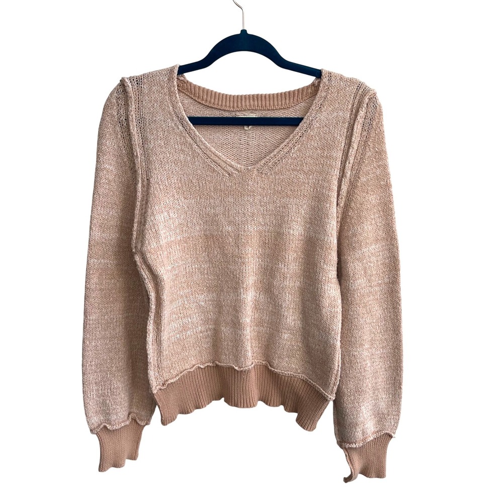 Hem & Thread V-Neck Sweater Womens Small Peach Marled Boho Exposed Seam Knit
